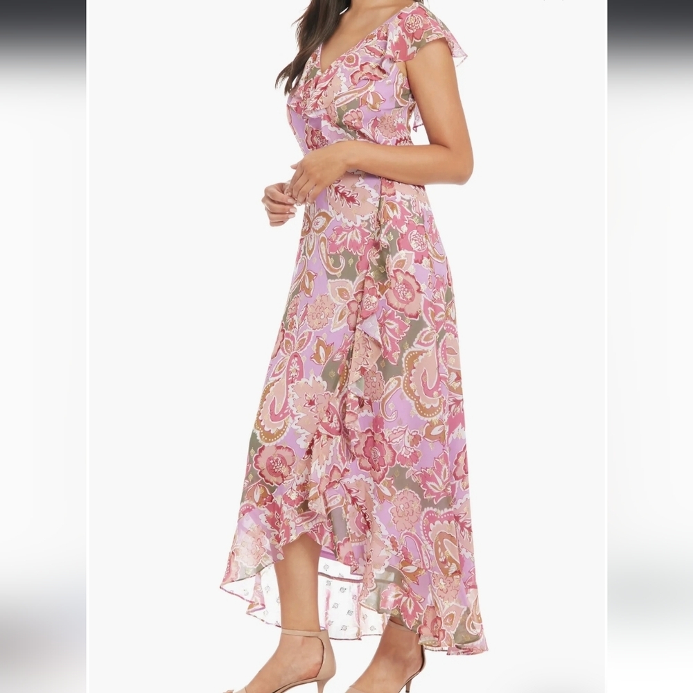 London Times Women's Floral Paisley Ruffle Faux Wrap Maxi Dress